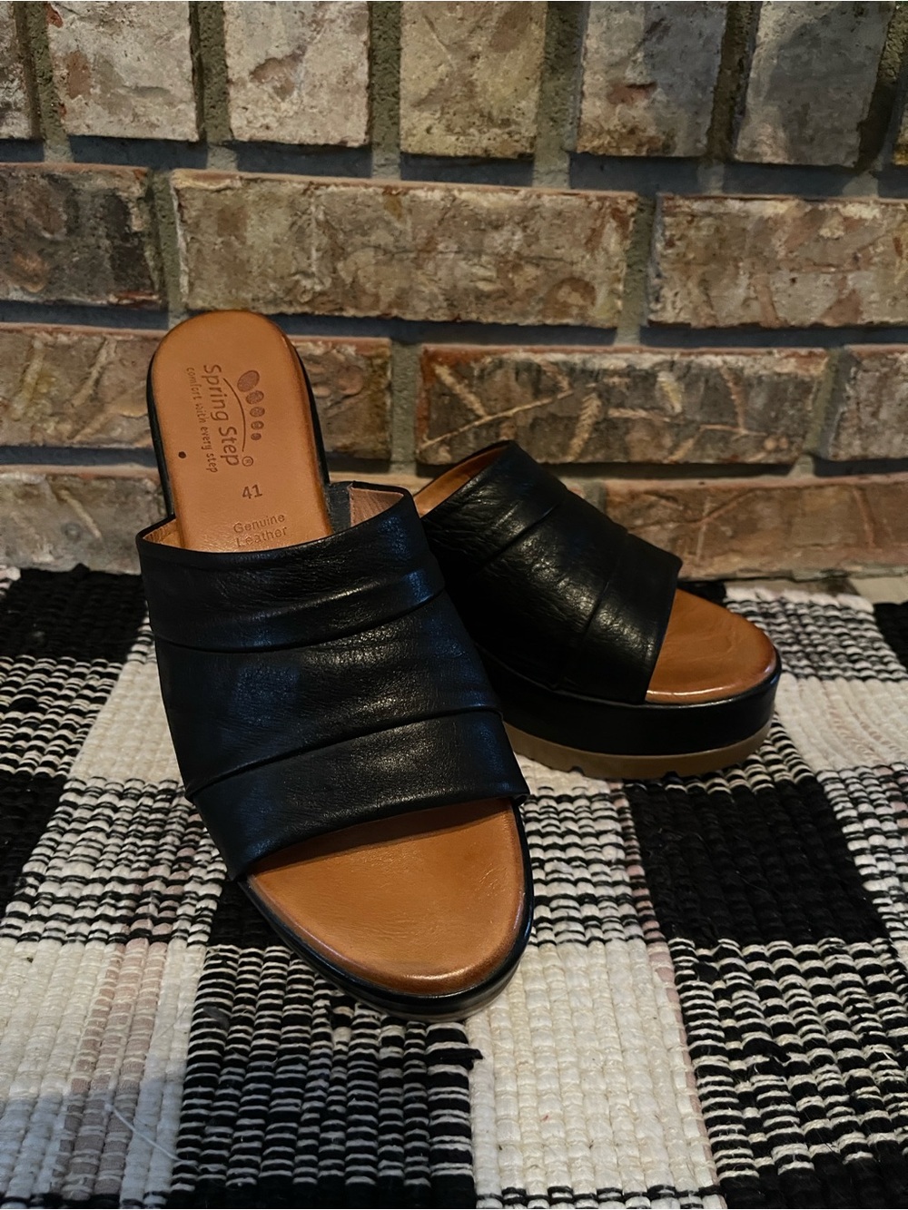Spring Step Black Leather Slide Mules with Tan Footbed